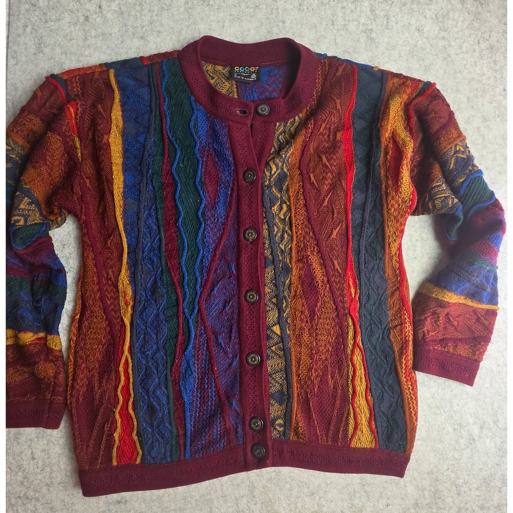Vintage COOGI Australia 3D Knit Cardigan Sweater Mens M Wool 90s Multi-Color